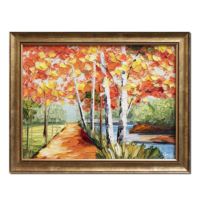 Tablou impasto peisaj din natura pictat manual inramat Calmitate, 45x35cm ulei pe panza, Leonard Covaci