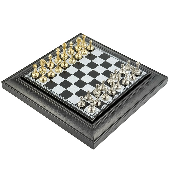 Магнитен шах комплект 17x17см, златни/сребърни метални фигури, дървена кутия с отделение, Italfama