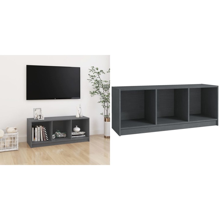 Comoda TV, gri, 104x33x41 cm, lemn masiv de pin