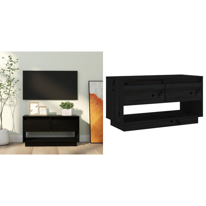 Comoda TV, negru, 74x34x40 cm, lemn masiv de pin