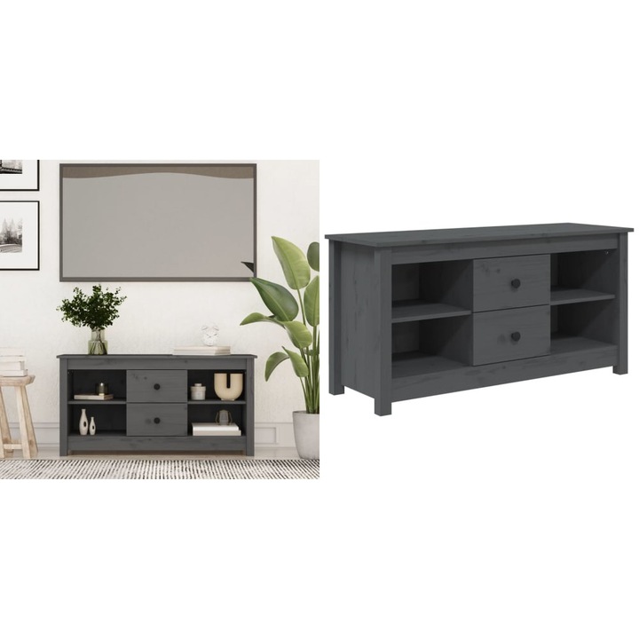 Comoda TV, gri, 103x36, 5x52 cm, lemn masiv de pin
