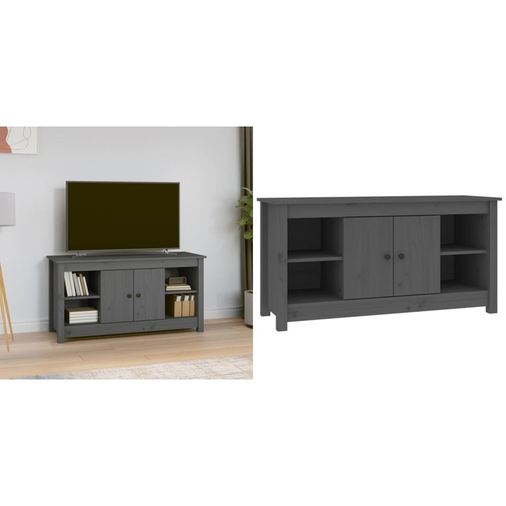 Comoda TV, gri, 103x36, 5x52 cm, lemn masiv de pin