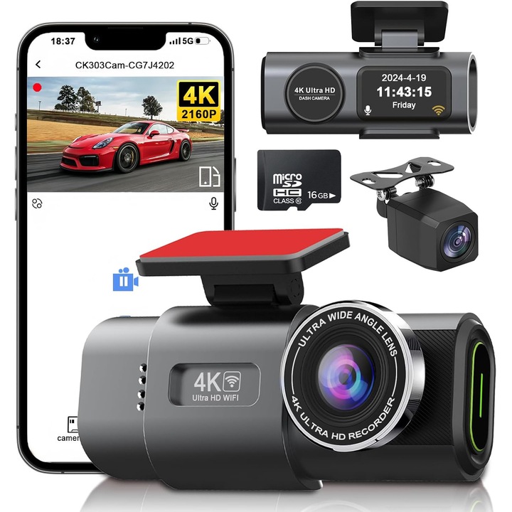 Camera Auto DVR 4K Fata Spate WiFi + Card 16GB, Senzor WDR Vedere Nocturna, G-Sensor, Mod Parking 24H, Unghi 170°, Camera Marsarier Inclus, Inregistrare Bucla, Aplicatie Viidure