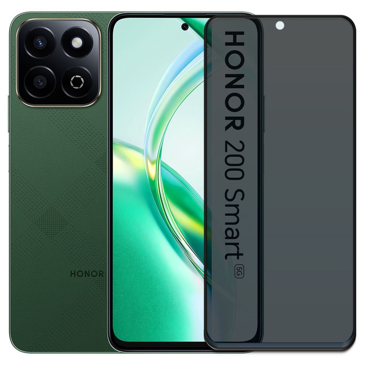 Folie din sticla securizata pentru Honor 200 Smart, HAMSTERBOX Privacy Shield, Protectie completa ecran, Full face, Aplicare rapida, Case Friendly, Negru