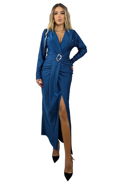 Rochie eleganta Nefertiti FashionForYou, cu decolteu petrecut si detaliu metalic, Albastru Marin, Marime universala S/M