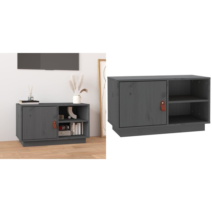 Comoda TV, gri, 70x34x40 cm, lemn masiv de pin
