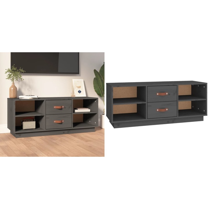 Comoda TV, gri, 100x34x40 cm, lemn masiv de pin