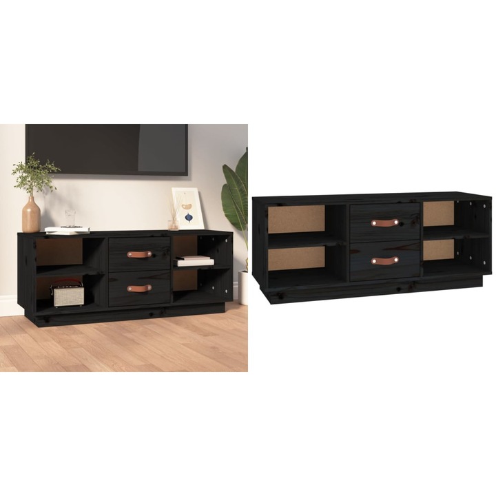 Comoda TV, negru, 100x34x40 cm, lemn masiv de pin