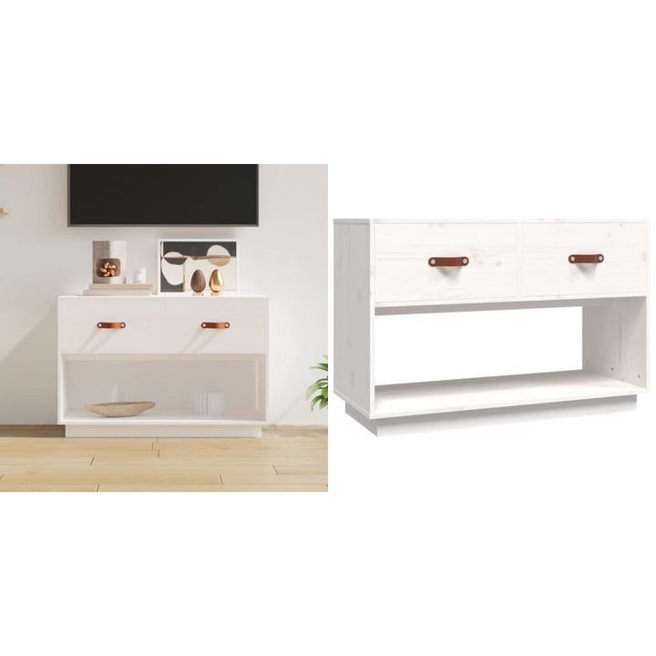Comoda TV, alb, 90x40x60 cm, lemn masiv de pin