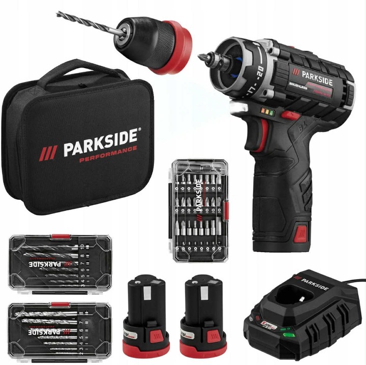 Masina de gaurit si insurubat ParkSide Performance, set cu 2 acumulatori, accesorii, mandrina detasabila, 12V, 43 piese, geanta de transport