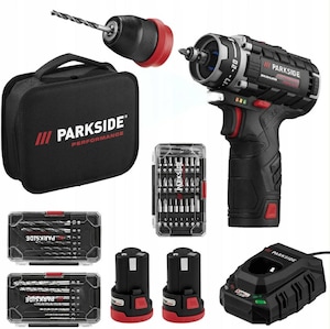 Masina de gaurit si insurubat ParkSide Performance, set cu 2 acumulatori, accesorii, mandrina detasabila, 12V, 43 piese, geanta de transport