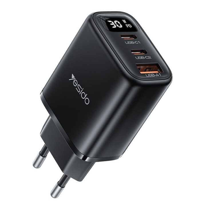 Incarcator de retea Yesido YC69, 2 porturi USB-C si un port USB, 3E+1 W, culoare Negru
