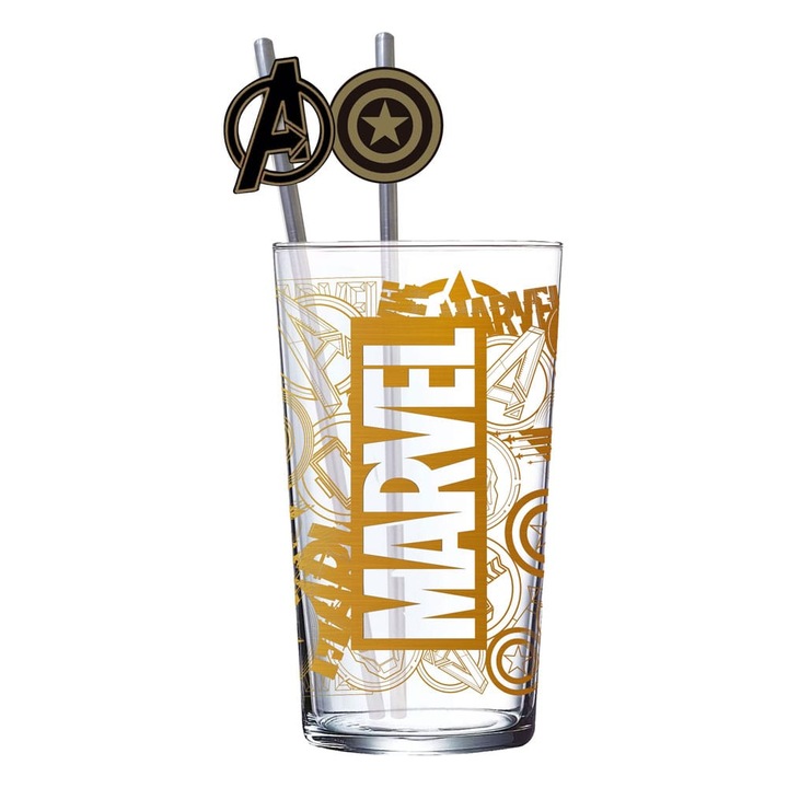 Marvel Bosszúállók üveg pohár szívószállal, Stor, 485 ml