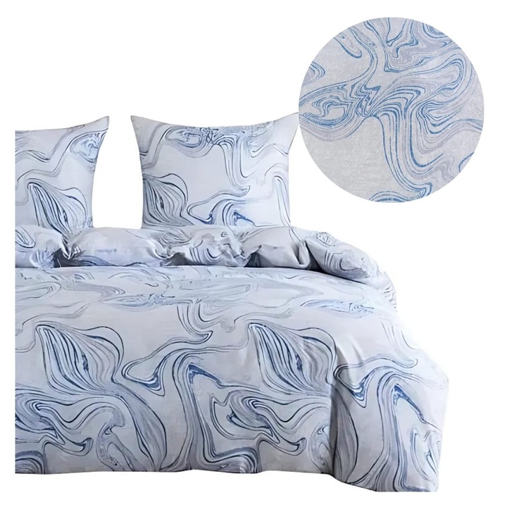 Set Lenjerie De Pat 3D, Cotton World, 220 x 200 cm, 2 x 70/80 cm, Albastru, Satin, Model Abstract, Pentru 2 Persoane, Cu Fermoar, Placut La Atingere