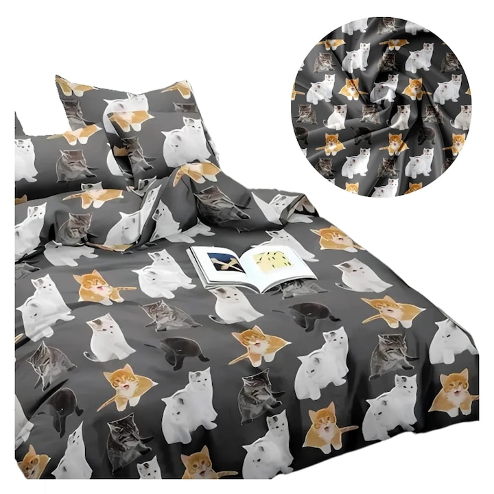 Set Lenjerie De Pat 3D, Cotton World, 160 x 200 cm, 2 x 70/80 cm, Gri Grafit, Bumbac Satinat, Pisici, 2 Persoane, Cu Model, Fermoar, Placut La Atingere