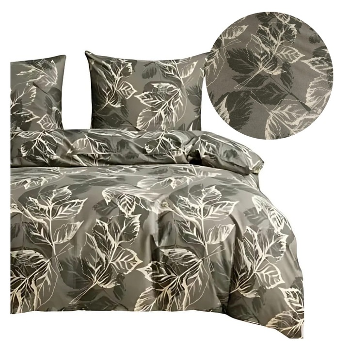 Set Lenjerie De Pat 3D, Cotton World, 160 x 200 cm, 2 x 70/80 cm, Multicolor Verde, Satin, Eleganta Padureasca, Pentru 2 Persoane, Cu Model, Fermoar, Placut La Atingere