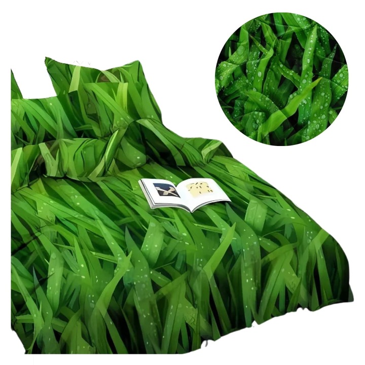 Set Lenjerie De Pat 3D, Cotton World, 160 x 200 cm, 2 x 70/80 cm, Verde, Satin, Verde Suculent, Pentru 2 Persoane, Cu Model, Fermoar, Placut La Tactil