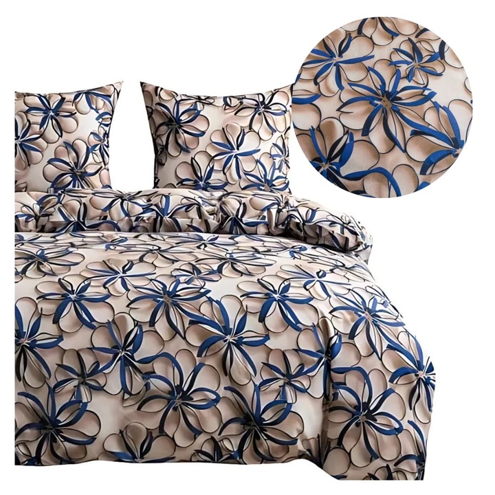 Set Lenjerie de Pat 3D, Cotton World, Floral, Satin, 160x200cm, 2x70/80cm, Cu Fermoar