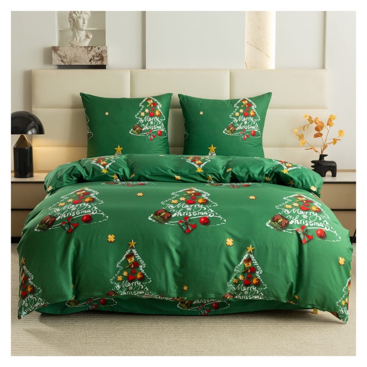 Set Lenjerie De Pat, Cotton World, 160 x 200 cm, 2 x 70/80 cm, Verde, Microfibra, Craciun, 2 Persoane, Cu Model, Fermoar, Placuta La Atingere