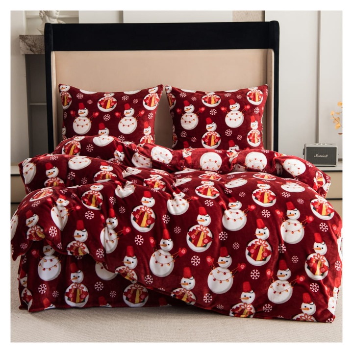 Set Lenjerie De Pat Polar, Cotton world, Material Microfibra, Hipoalergenica, Pentru Craicun, Fermuar, Certificat Oeko Tex Standard 100, Motiv De Craciun, 220 x 200 cm, Rosu