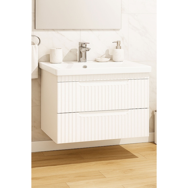 Mobilier de baie MDF, baza si lavoar, Badenmob, seria 733, 80x46x54cm, suspendat cu sertare, Alb Rustic
