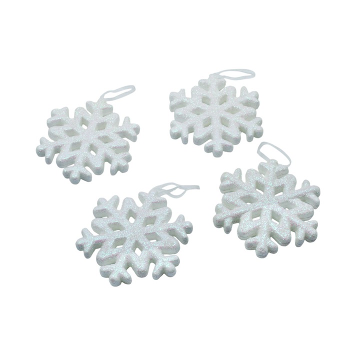 Комплект от 4 бели снежинки за коледна украса 10см. полистирол. Коледни снежинки, бели снежинки 10см, комплект от 4 бр, полистирол, украшение за коледна елха, брокатени снежинки, коледна украса, елегантен дизайн