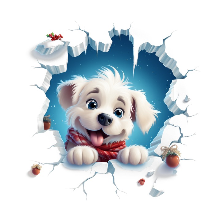 Sticker Catel Alb Cu Fundal Zapada Craciun, Autoadeziv, Craciun, Cri-Flo, dimensiune 25 cm