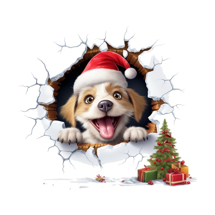 Sticker Catel Cu Fundal Alb Si Brad Craciun, Autoadeziv, Craciun, Cri-Flo, dimensiune 25 cm