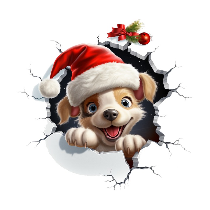 Sticker Catel Cu Fundal Alb Si Cutie Cadou Craciun, Autoadeziv, Craciun, Cri-Flo, dimensiune 25 cm