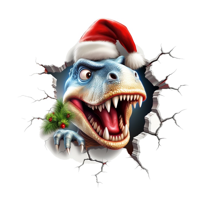 Sticker Dinozaur Cu Fundal Alb Si Crengute Craciun, Autoadeziv, Craciun, Cri-Flo, dimensiune 25 cm