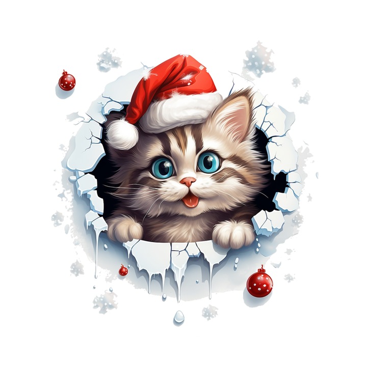 Sticker Pisica Cu Fundal Alb Si Globuri Craciun, Autoadeziv, Craciun, Cri-Flo, dimensiune 25 cm