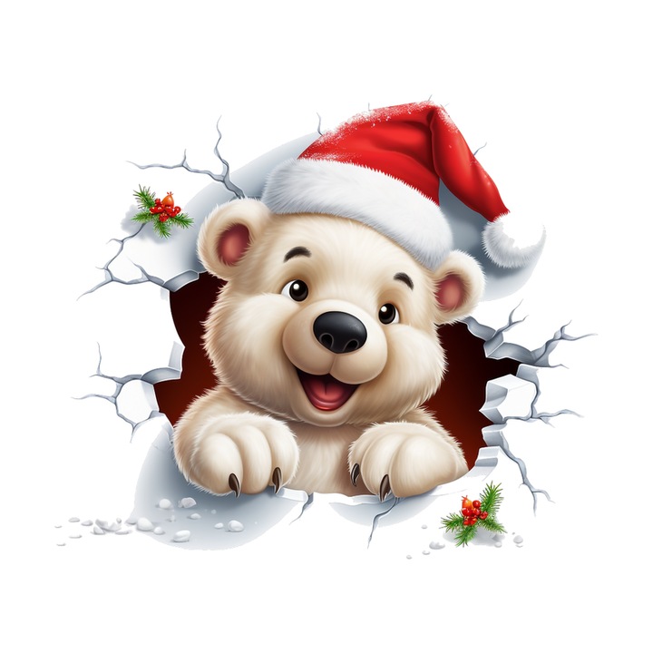 Sticker Ursulet Alb Cu Zapada Craciun, Autoadeziv, Craciun, Cri-Flo, dimensiune 25 cm