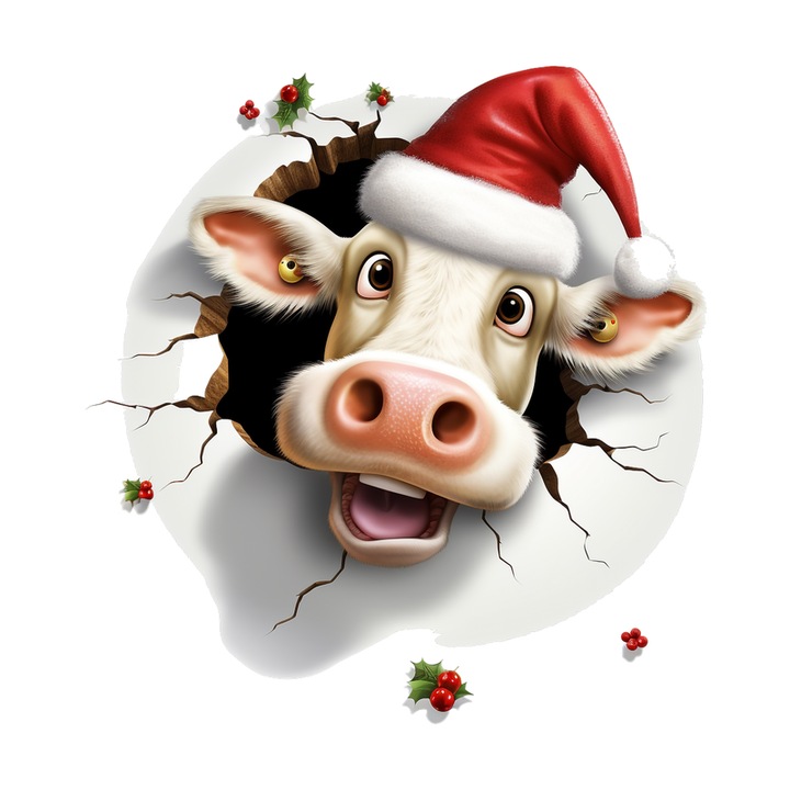 Sticker Vaca Cu Fundal Alb Si Crengute Craciun, Autoadeziv, Craciun, Cri-Flo, dimensiune 25 cm