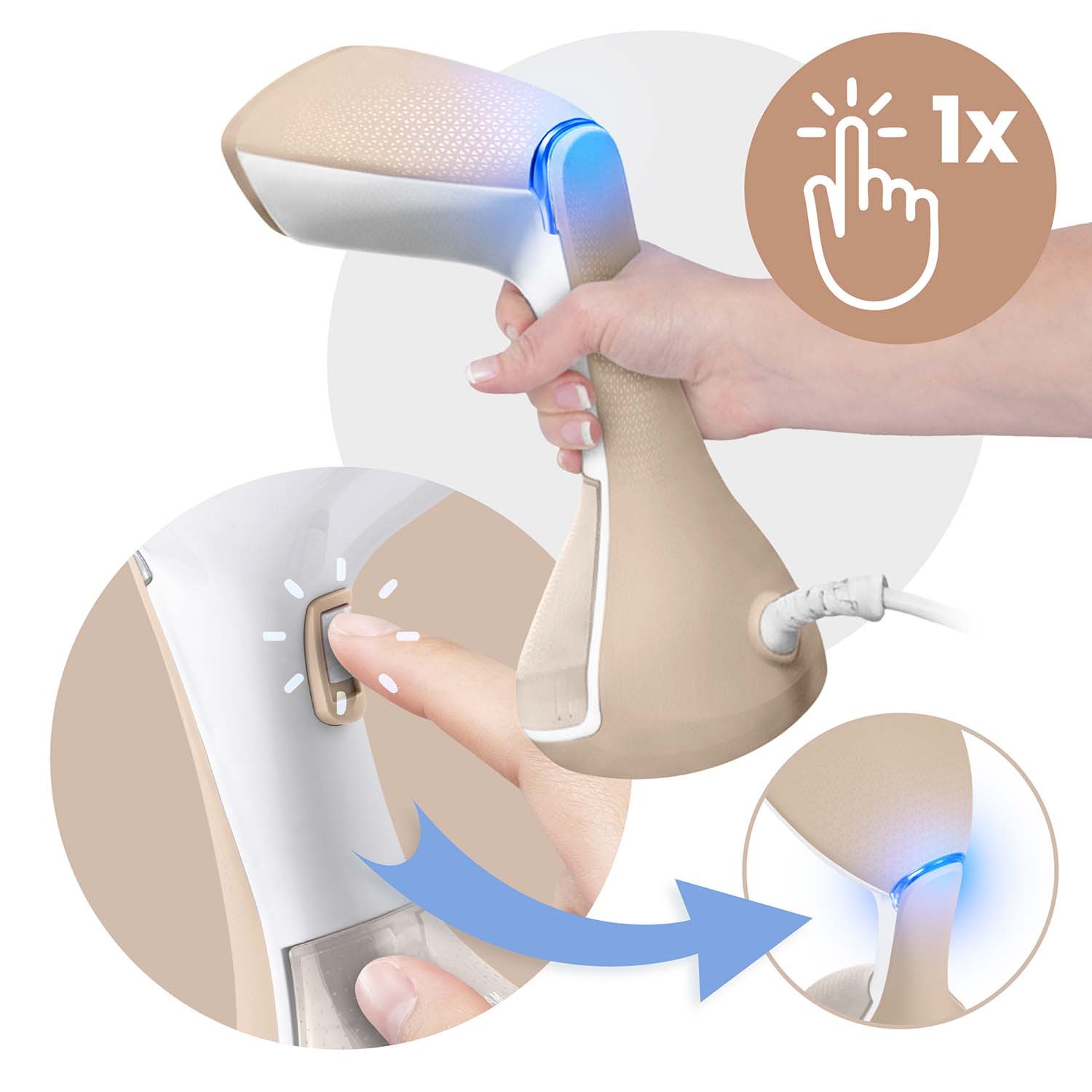 Aparat de calcat vertical cu abur, iesire de abur cu o putere de 26 g/min, recipient 230 ml, atasament pentru perie, 1600 W, 220 - 240 V, alb si maro