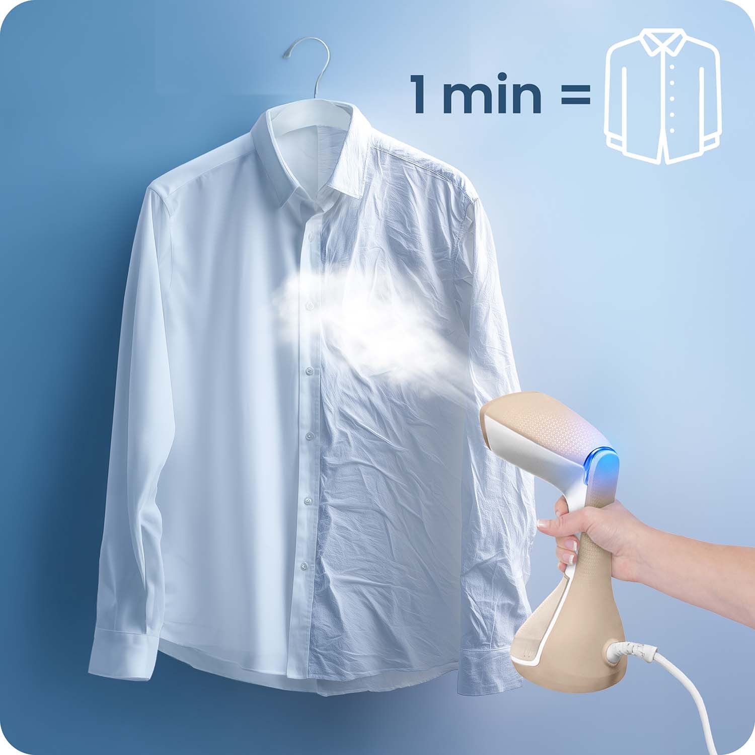 Aparat de calcat vertical cu abur, iesire de abur cu o putere de 26 g/min, recipient 230 ml, atasament pentru perie, 1600 W, 220 - 240 V, alb si maro