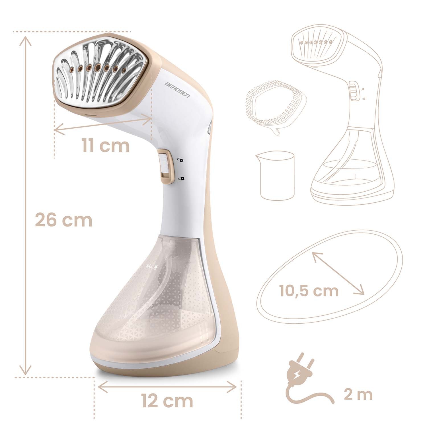 Aparat de calcat vertical cu abur, iesire de abur cu o putere de 26 g/min, recipient 230 ml, atasament pentru perie, 1600 W, 220 - 240 V, alb si maro