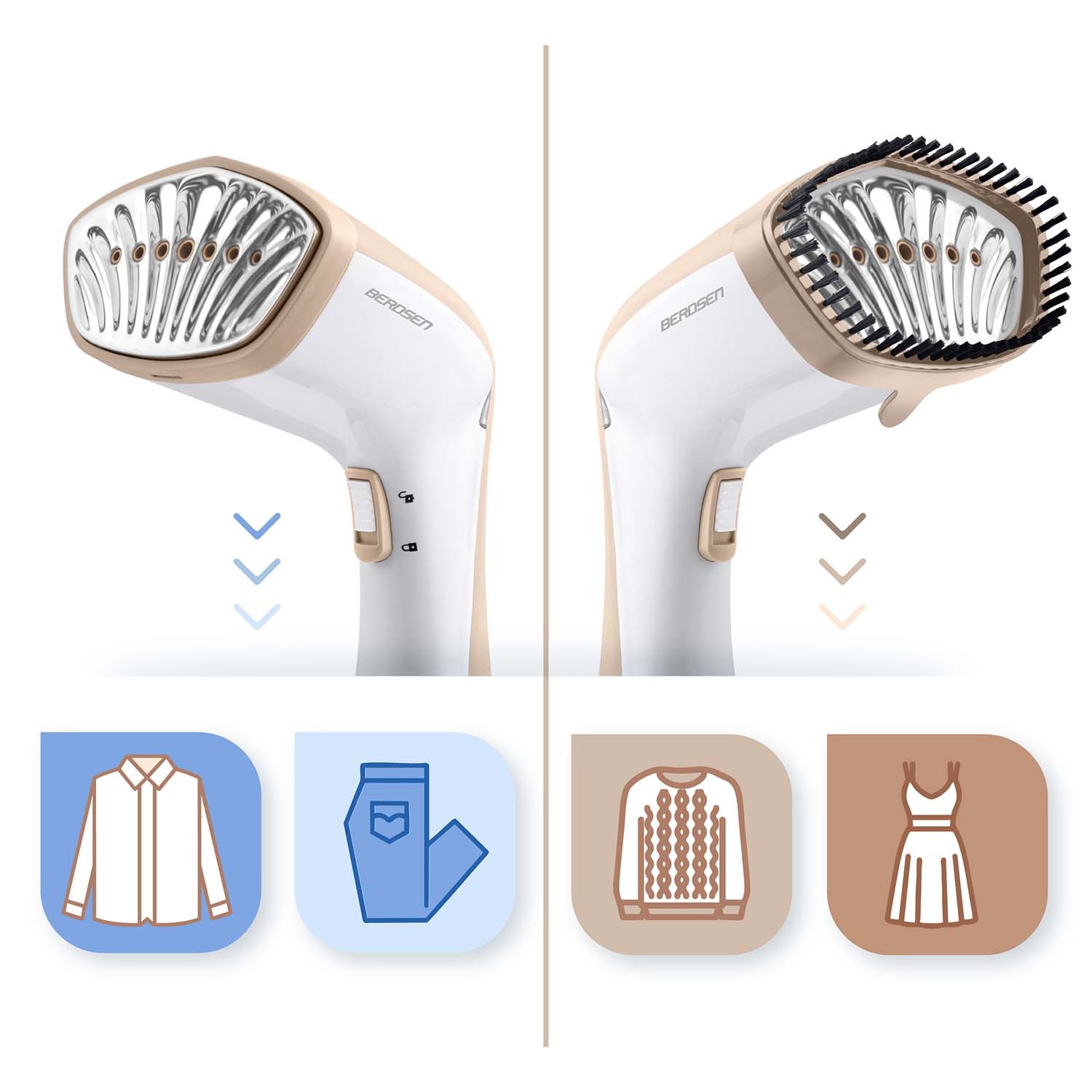 Aparat de calcat vertical cu abur, iesire de abur cu o putere de 26 g/min, recipient 230 ml, atasament pentru perie, 1600 W, 220 - 240 V, alb si maro