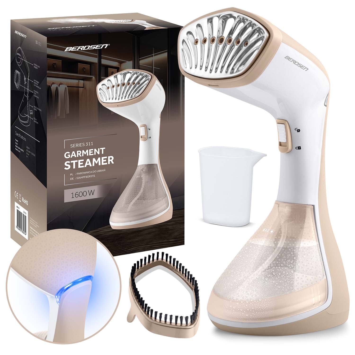 Aparat de calcat vertical cu abur, iesire de abur cu o putere de 26 g/min, recipient 230 ml, atasament pentru perie, 1600 W, 220 - 240 V, alb si maro