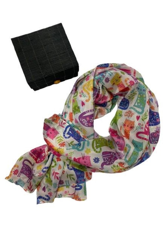 Тънък цветен шал с мотив на котки