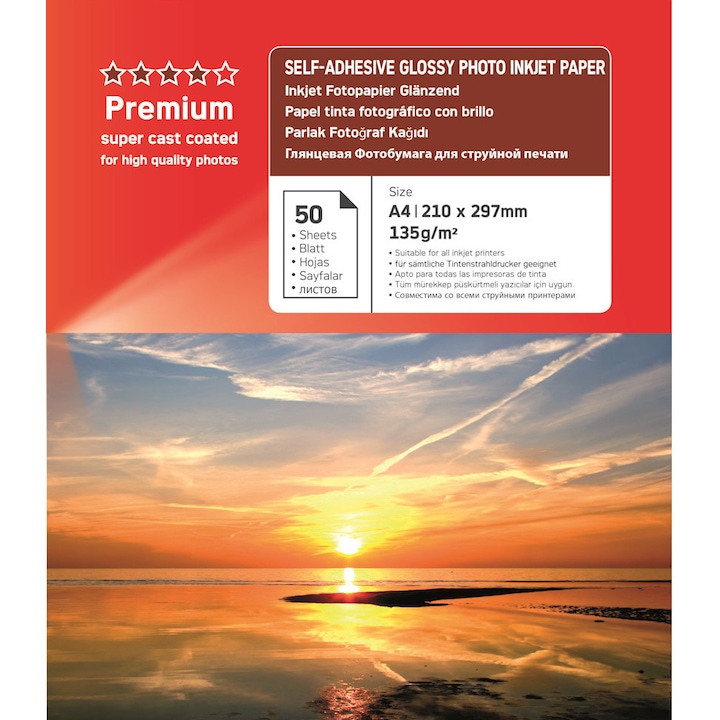 Hartie foto lucioasa autoadeziva, Agfa Photo, format A4, folie autocolanta 135g/mp, super lucioasa, photo sticker - pachet 50 coli
