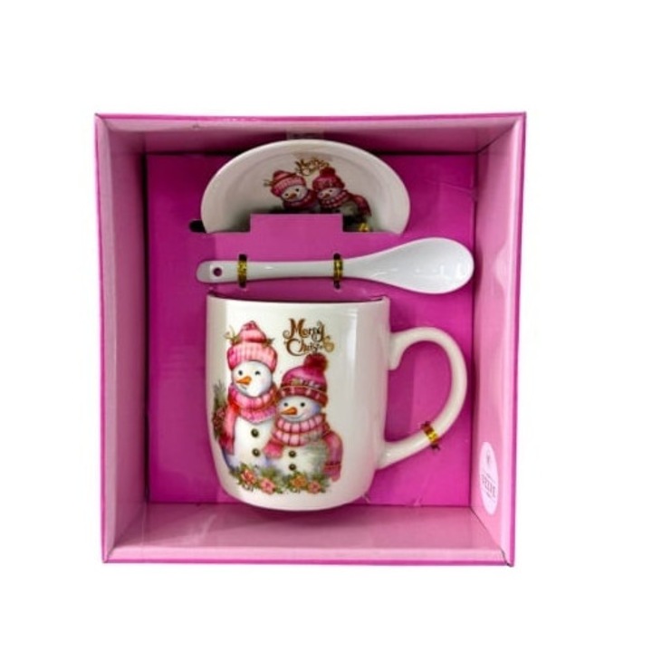 Set cana ceramica Velve Merry Christmas Pink Snowman, cu farfurie si lingurita, 200ml, ambalat in cutie cadou, 18x17cm