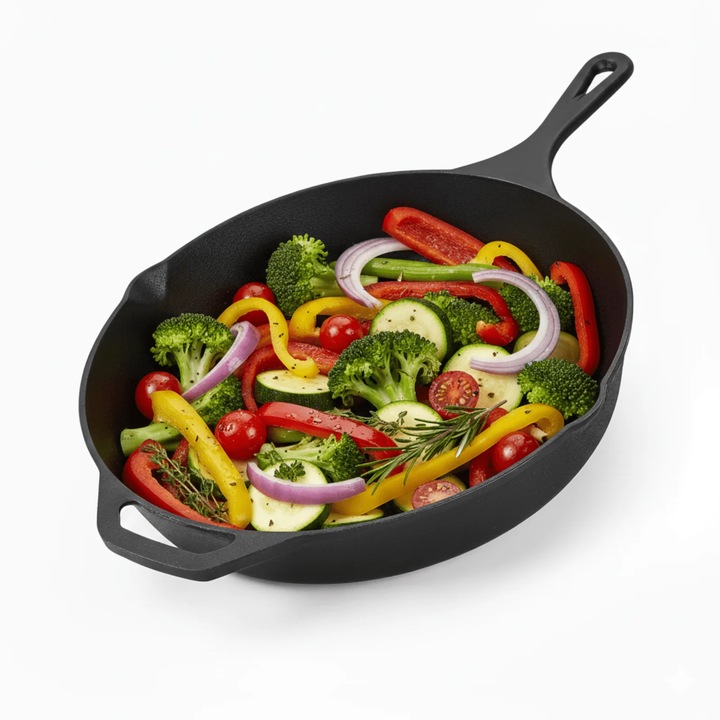 Tigaie Fonta HASEPE® 26 Cm Tigaie Fonta Pentru Gatit Uniform, Tigaie Fonta Compatibila Inductie Gaz Electric Cu Suprafata Naturala Antiaderenta, Tigaie Fonta Durabila Pentru Carne Legume Oua, Tigaie 26 Cm Bucatarie Profesionala