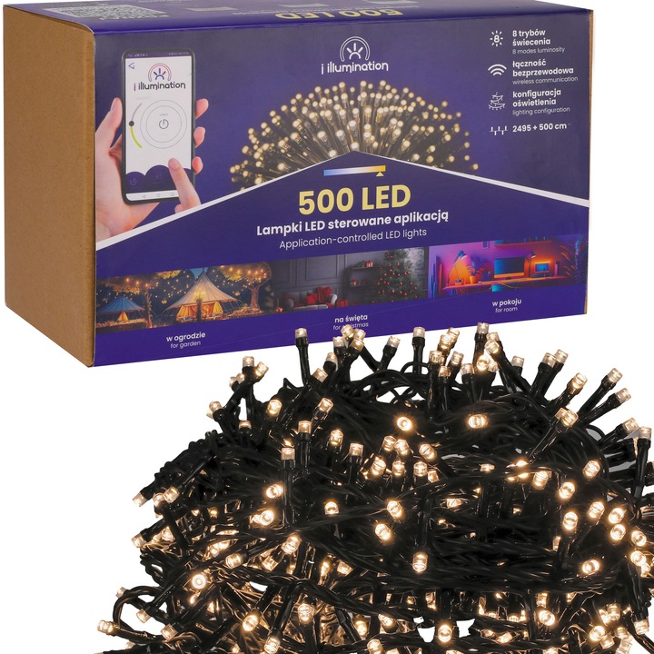 Set de 500 LED-uri albe pentru Craciun, control prin aplicatie, 29,95m, IP 44