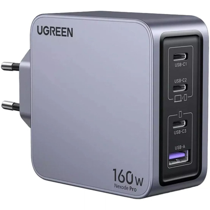 Зарядно устройство UGREEN Nexode 160W, 4 порта GaN Fast Charger EU + UBS-C кабел, 3x USB-C + 1x USB-A, Сив
