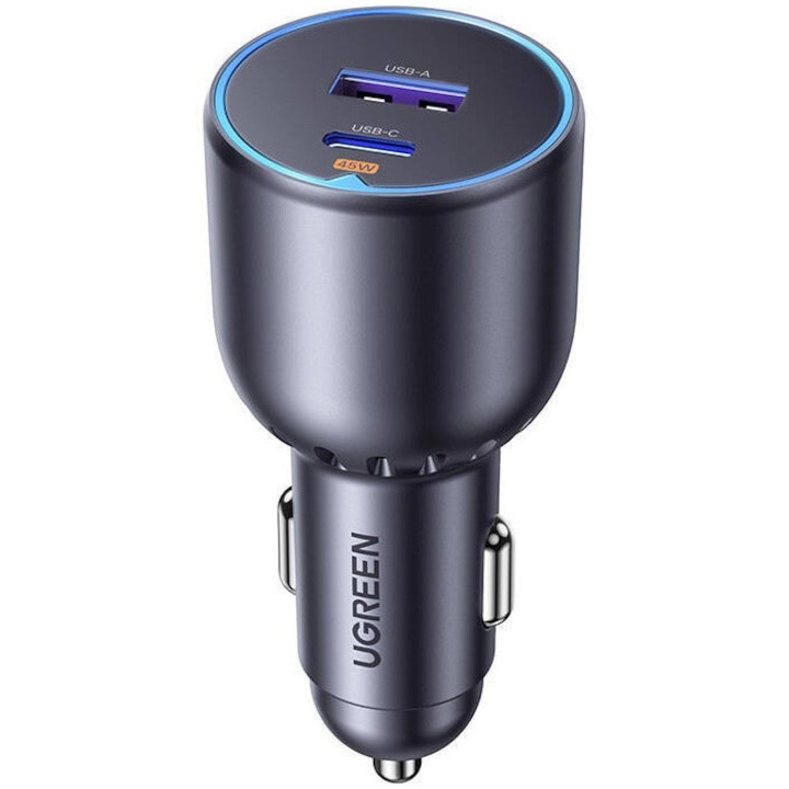 Incarcator auto UGREEN 63W 2-Port Fast Car Charger EC701, 1 x USB A, 1 x USB C, Gri