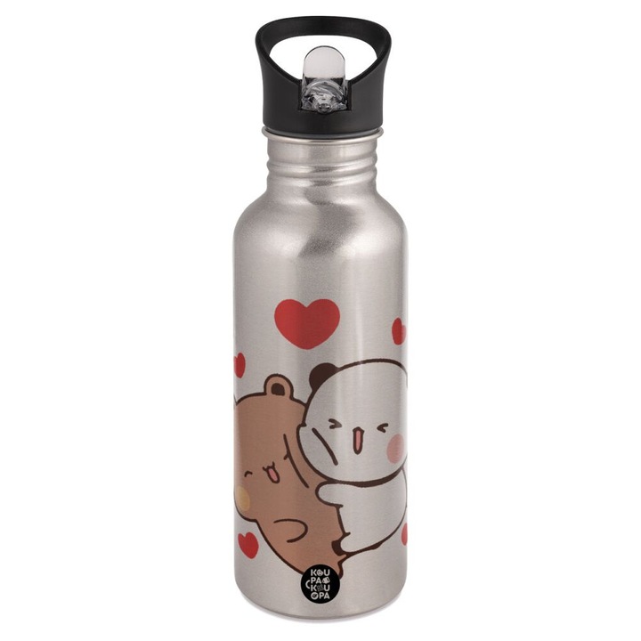 Sticla de apa cu pai, 600ml, inox, multicolor, pentru copii