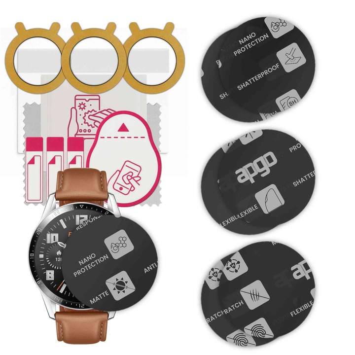 6 db MAT MATTE védőüveg szett Huawei Watch GT 2 46mm órához – apgo, teljes ragasztás, hibrid üveg, óra kijelző védelem, karcolásgátló