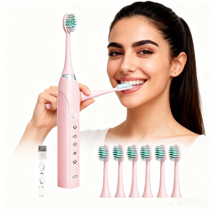 Perie de dinti electrica, vibratii sonore de inalta frecventa, curatare profunda, 19000 de ori/minut, 5 moduri, impermeabila IPX7, perii DuPont, incarcare USB, durata de viata a bateriei de 30 de zile, cu 6 capete de perie