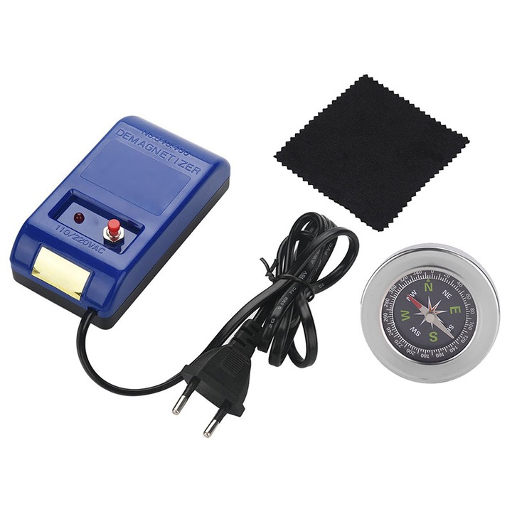 Set demagnetizator ceas BOMSTOM albastru 11x6x3.2cm cu busola si laveta