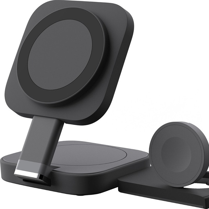 Станция за зареждане 3 в 1 Omelivon, съвместима с Apple MagSafe, черна, сгъваема, компактна